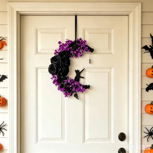 Halloween Moon Wreath 15 Inch Gothic Black Cat Decor with Faux Roses & Purple Flowers