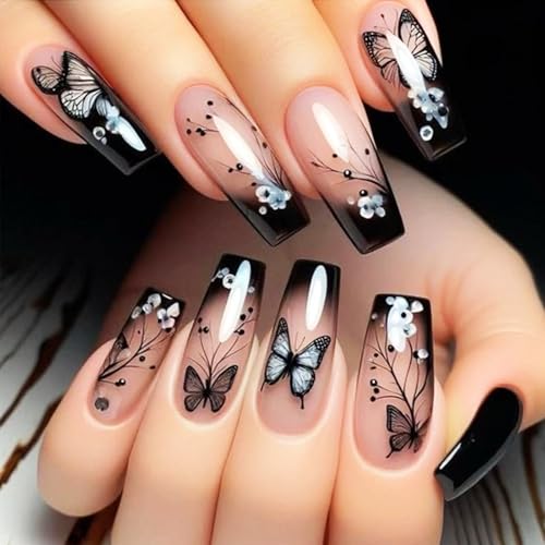 Square Black Butterfly Press On Nails with White Flower Design - Medium Coffin Fake Nails for Manicure