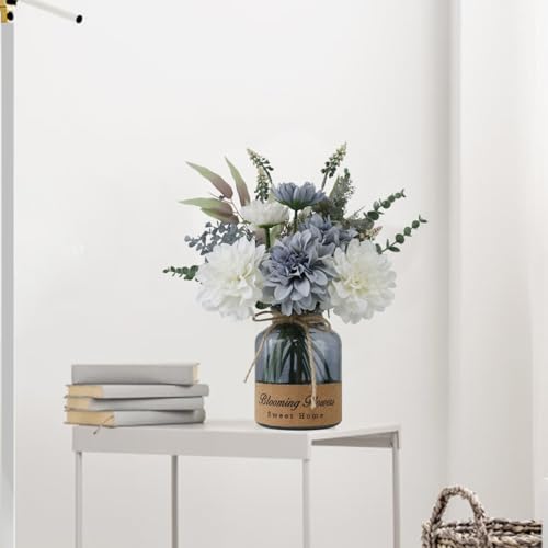 Fake Flowers in Vase - Blue Dahlias with Black Vase - Home Decor