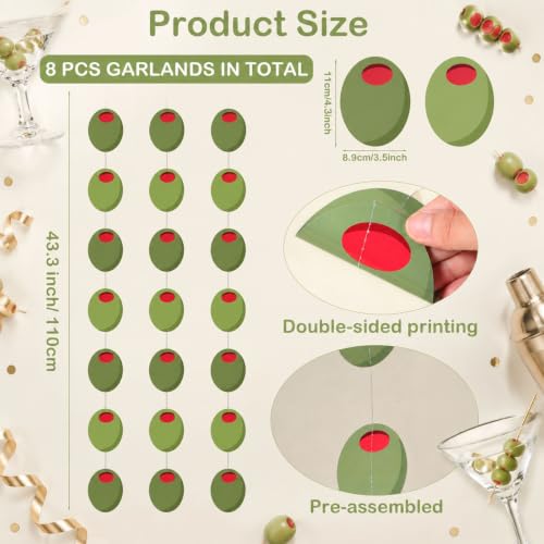 Martini Party Decorations - 8 Pcs Olive Garlands for Cocktail & Bar Event
