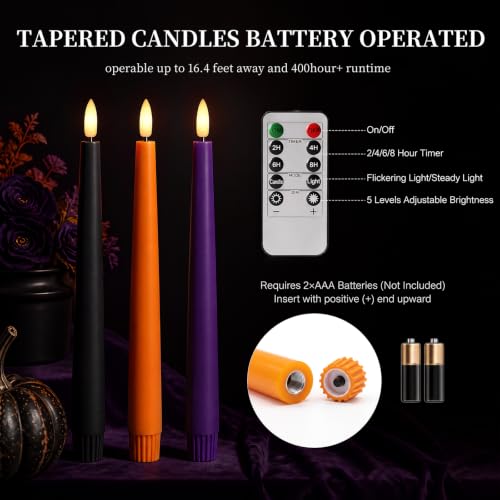 Halloween Flameless Taper Candles Set - Black, Burnt Orange & Purple, 6 Pack