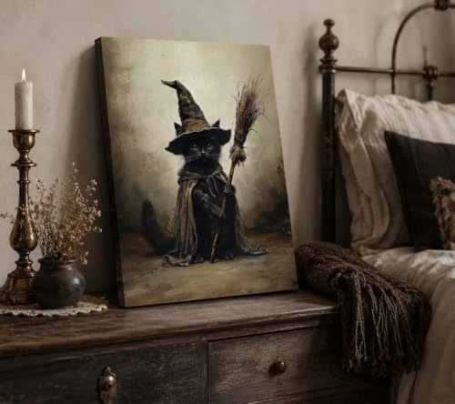 Wizard Black Cat Wall Art Canvas - Halloween Gothic Animal Decor 16x12in