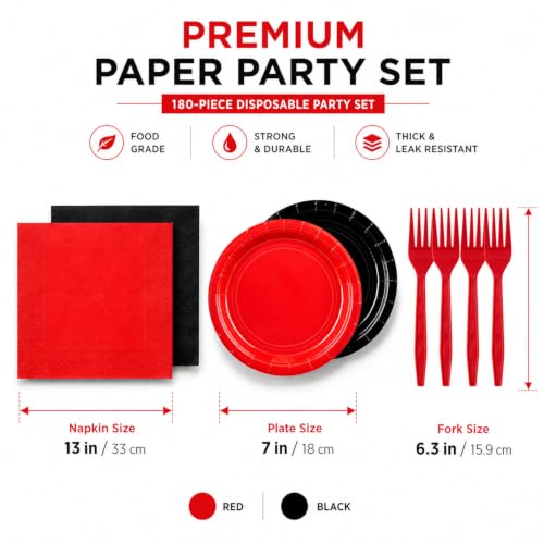 Red and Black Disposable Paper Dessert Plate & Napkin Set for Parties