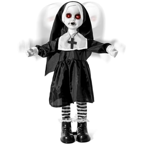 Scary Halloween Animatronic Nun Doll with Light-Up Red Eyes, Sound & Lunging Motion, Indoor & Outdoor Decor