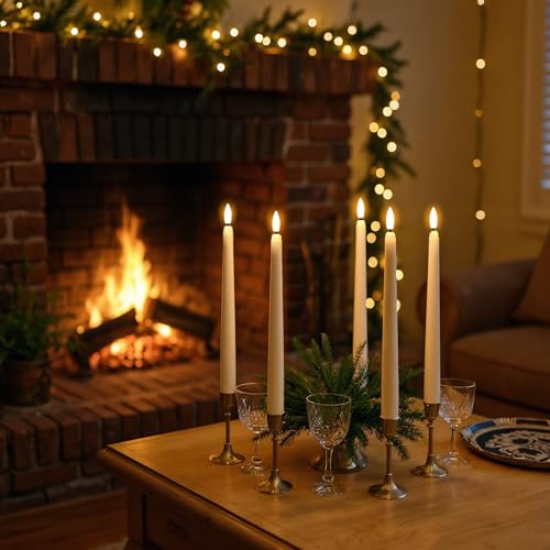 GenSwin 26 Pcs Ivory Flameless Taper Candles with 3D Flickering Wick - Battery Operated for Home Wedding Xmas