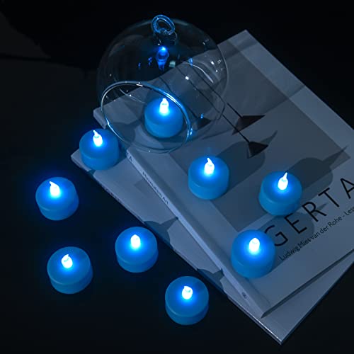 Blue Flameless LED Tea Lights - 24 Pack, Long Lasting Battery, Realistic Flicker for Holiday Decorations
