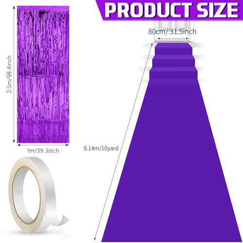 Purple and Gold Carpet Runner Aisle 2.6 x 30 Feet with Carpet Tape & Tassel Curtains