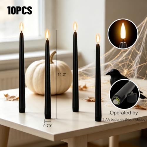 Wondise 10-Pack Black Flameless Taper Candles with Remote & Timer for Halloween Decor