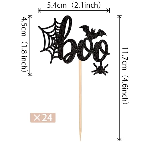Halloween Boo Cupcake Toppers Glitter Spider Web Bat Set - Pattern A4, 24 pcs