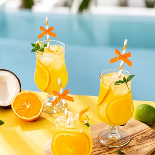 Orange Bow Striped Paper Straws - 24 Pack Biodegradable Disposable Drinkware for Parties