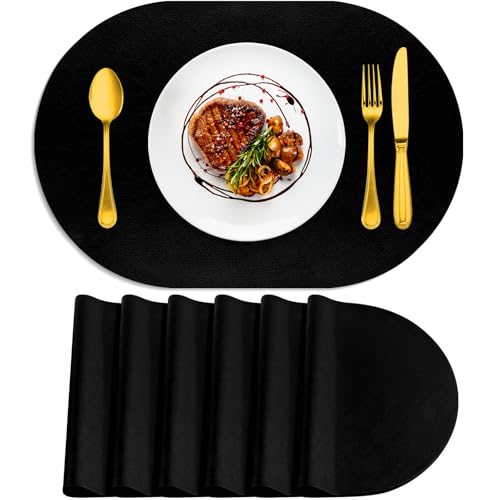 Oval Heat Resistant Placemats Set of 6 - Waterproof & Washable Table Mats, 12x17 Inch, Black