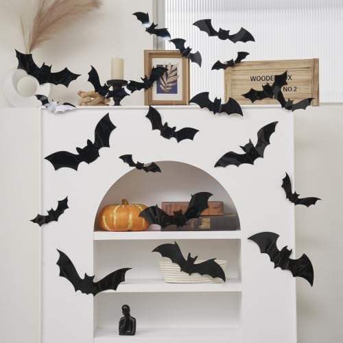 Halloween Bat Wall Stickers 48 Pack with Colorful LED Lights - 3D Glowing Gothic Decorations, Style2-48pcs