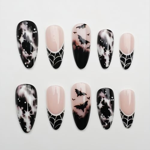 Halloween Press-On Nails Short Almond Fake Nails with Spider Web Bat Design - Style03