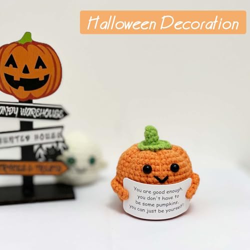 Positive Pumpkin Halloween Decoration Inspirational Gift Crochet Fall Decor with Emotional Support Card - Cute Autumn Gift Set