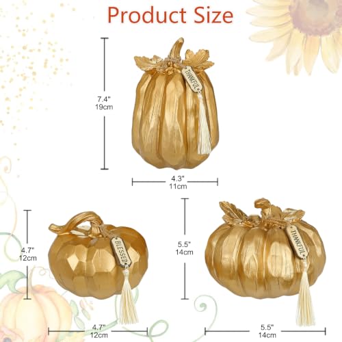 Gold Fall Pumpkin Decor Set of 3 - Faux Resin Autumn Centerpieces with Rustic Stems - Variation Gold#123