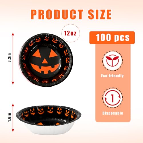 Halloween Paper Bowls Black Pumpkin 12oz Disposable Party Serveware - 100 Pack