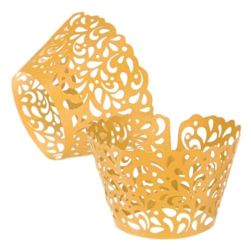 Gold Tone 50-Pack Pearlescent Cupcake Wrappers with Lace Design for Weddings & Parties