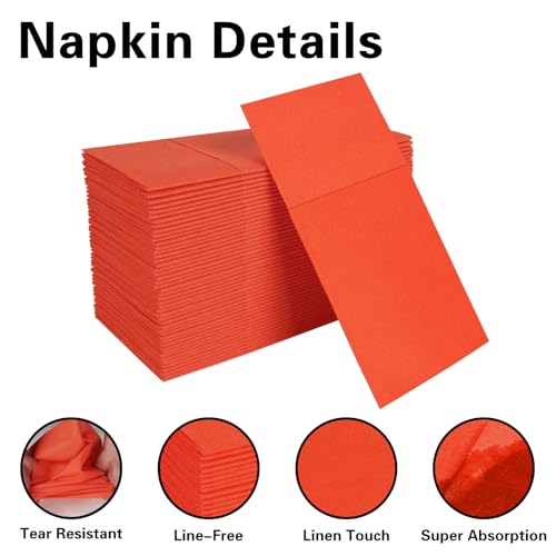 Dark Orange Linen-Feel Disposable Dinner Napkins with Flatware Pocket - 16x16in, 50 Pack