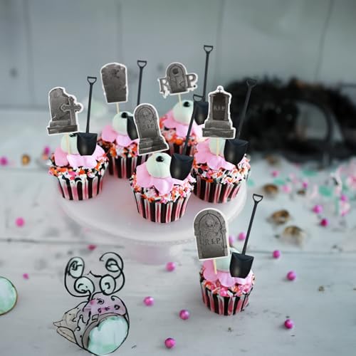 Halloween Cupcake Toppers and Dessert Spoons Set - Tombstone Graveyard Decorations for Parties