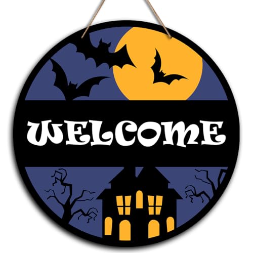 Halloween Welcome Sign - Spooky Night Door Hanger Wooden Decor 8x8 Inches