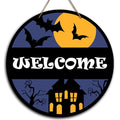 Halloween Welcome Sign - Spooky Night Door Hanger Wooden Decor 8x8 Inches