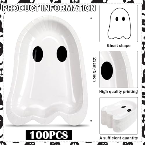 Ghost Halloween Paper Plates 9 Inch Disposable Party Dinnerware - 100 Pcs, White
