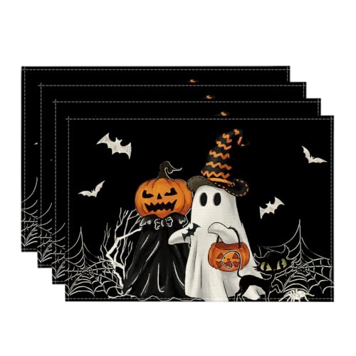 Halloween Bat Placemats Set of 4 - Black Ghost Bat 12x18 Inch Rectangular Decor