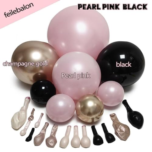 Pink Black Balloon Arch Kit - Double Stuffed Pastel Pearl & Gold Balloons for Birthday, Wedding, Baby Shower, Halloween - Variation: Pink Black