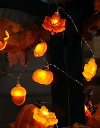 Fall Lights Battery Operated 3D Maple Leaves Pumpkins Acorns 10FT 20LED 8 Modes - Autumn Decor