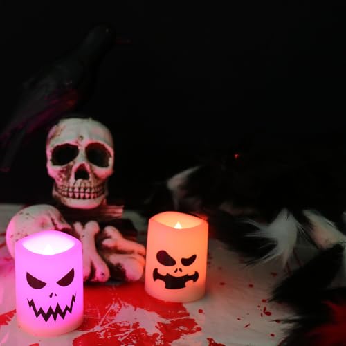 Color Changing Flameless Candles with Remote Timer - Halloween Ghost Face LED Votive Set