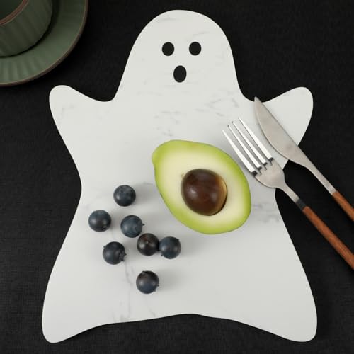 Halloween Ghost Marble Cheese Board - White Marble Charcuterie Platter, 11.8x9.8 Inch, Decorative Serving Tray for Halloween & Festive Parties