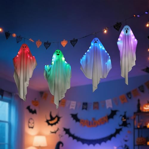 2 Pcs Halloween Hanging Ghost Decorations with Color-Changing Lights & Auto-Timer