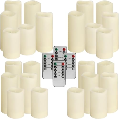 Ivory 24 Pack Waterproof Outdoor Flameless LED Candles with Remote & Timer - 3 Sizes