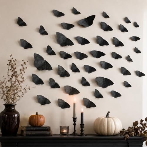 Halloween 3D Moth Wall Decor Stickers - Black Butterfly Set, 120 Pieces in 3 Sizes