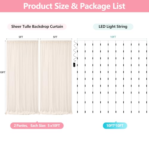 Ivory Tulle Backdrop Curtain with String Lights 10ft x 10ft Wedding & Party Decor — Chesjin