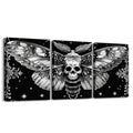 Gothic Death Skull Moth Wall Art Canvas Set - Boho Bedroom & Living Room Decor - Dark Black & Grey