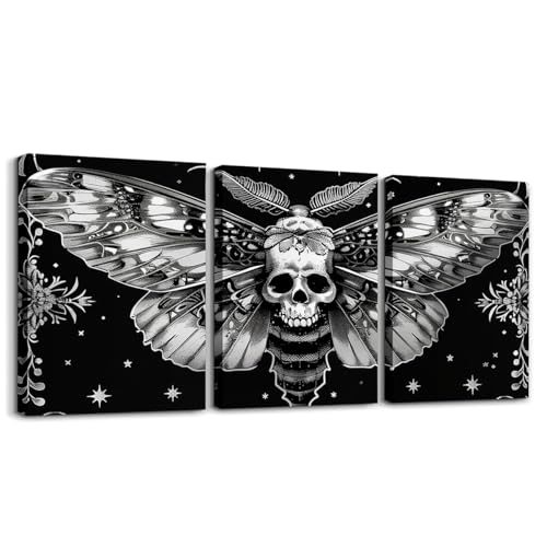 Gothic Death Skull Moth Wall Art Canvas Set - Boho Bedroom & Living Room Decor - Dark Black & Grey