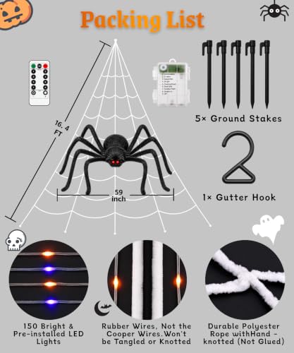 Purple LED Halloween Spider Web Lights with Giant Spider - Outdoor Yard Decor