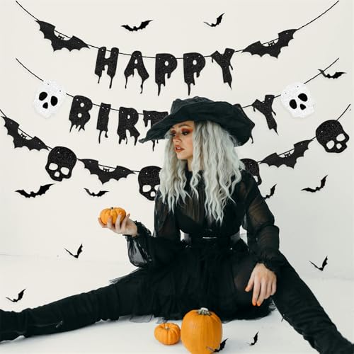 Halloween Birthday Banner with Bat & Skull Decorations - Black Glitter Party Decor