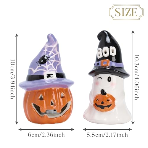 Halloween Ceramic Figurines with Lights - Jack o Lantern & Ghost Decor, 2 Pack