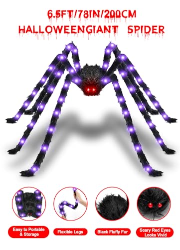 Giant Lighted Halloween Spider Decoration - 6.6FT Outdoor Creepy Yard Prop with 90 LEDs