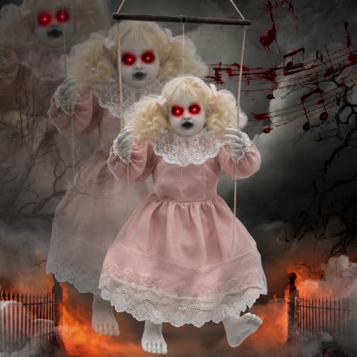 Halloween Animatronic Hanging Girl Decor - Lighted Eyes, Creepy Sounds, Indoor & Outdoor