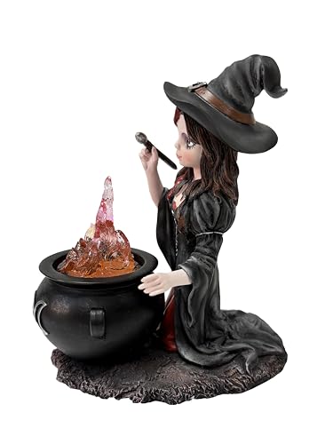 Halloween Witch Figurine with Red Fire Cauldron Fantasy Decor