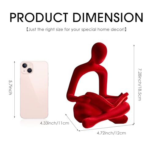 Red Flocked Thinker Statue Decor - Modern Abstract Reading Figurine for Living Room & Office - Gift for Book Lovers