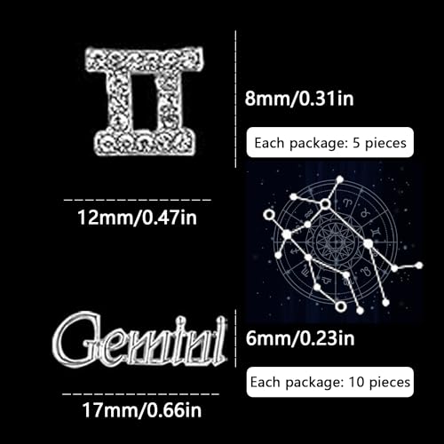 Silver Gemini Zodiac Nail Charms - 15pcs 3D Nail Art Decorations for DIY Manicure