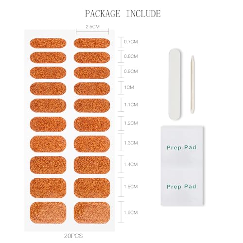 Semi Cured Gel Nail Strips - Orange Glitter Nail Art Sticker Wraps - 20 Pack