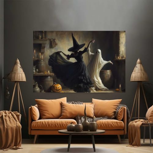 Ghost and Witch Dancing Wall Art - 8x12in Framed Halloween Decor