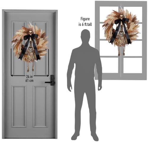 Halloween Wreath for Front Door 24 Inch with Skeleton, Faux Wheat & Pampas Grass, Black Bow - Indoor Outdoor Decor