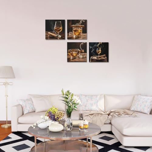 Whiskey & Cigar Wall Art Canvas Set - Framed Modern Bar Decor - Variation of Whiskey Cigar