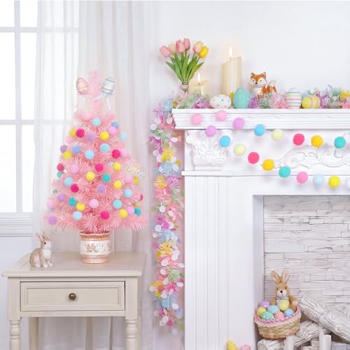 Colorful Easter Pom Pom Garland - Large 1.18 Inch Felt Balls, 13 Ft Spring Decor